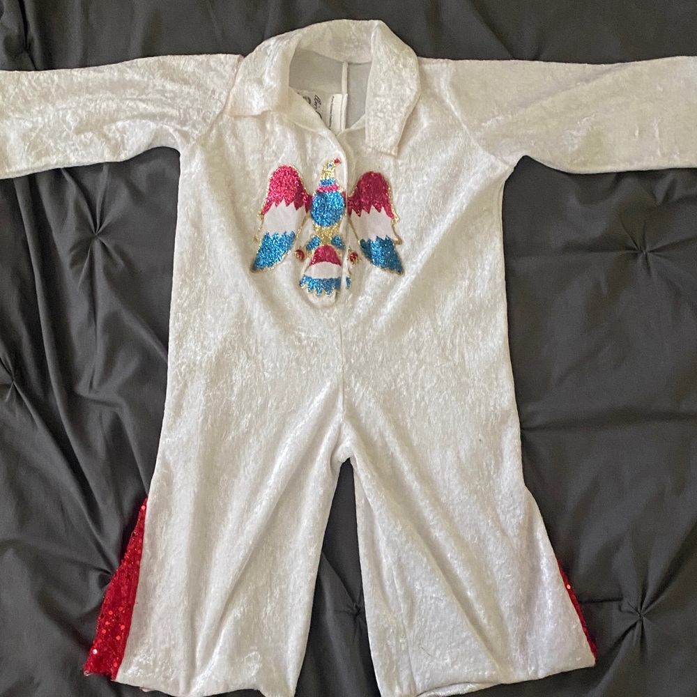 Elvis Priestley White Jumpsuit with Colorful Bird Design